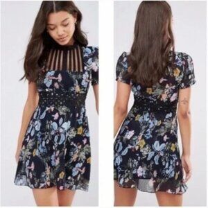 FOXIEDOX Navy Blue & Black Floral Fit & Flare Dress Pleats Lace Accent Size XS